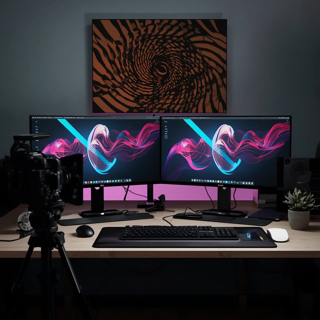 A modern design studio workspace with dual monitors, professional camera gear, and abstract digital art on the screens